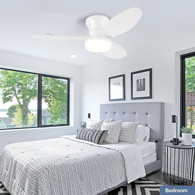 Small White Ceiling Fan with Light - 35 Inch Flush Mount Ceiling Fan with Lights and Remote, Low Profile Ceiling Fans with 3 Reversible Blades, 6 Wind Speeds, Ceiling Fans for Bedroom Kitchen