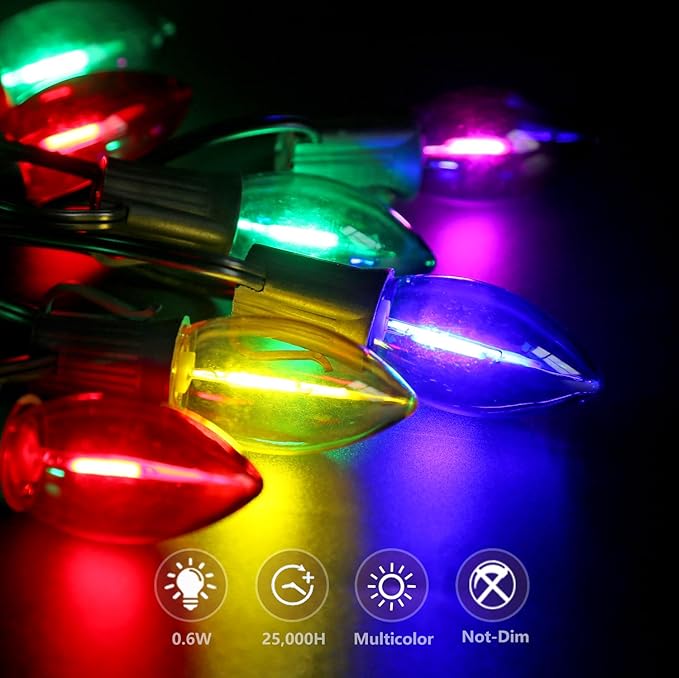 KGC C9 LED Replacement Christmas Lights Bulbs-0.6W Equivalent to 7W, C9 Shatterproof & Waterproof Plastic LED Bulbs, E17 Screw for Indoor Outdoor Patio String Lights - Multicolor 50 Pack