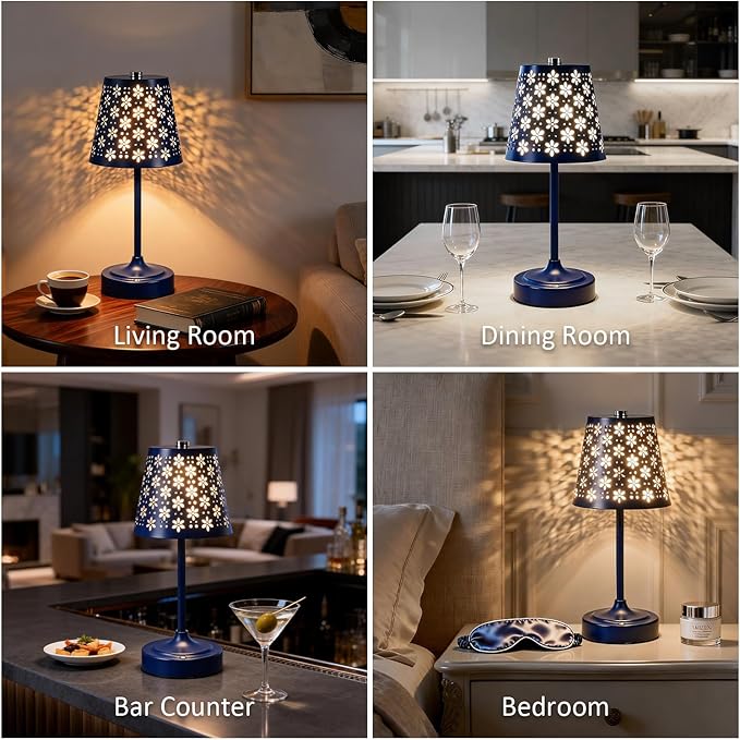 Rechargeable Cordless Table Lamp, Touch Control Battery Powered Bedside Lamp with Floral Cutout Shade, 3 Color Stepless Dimmable Decorative Nightstand Lamp for Bedroom (Navy Blue)