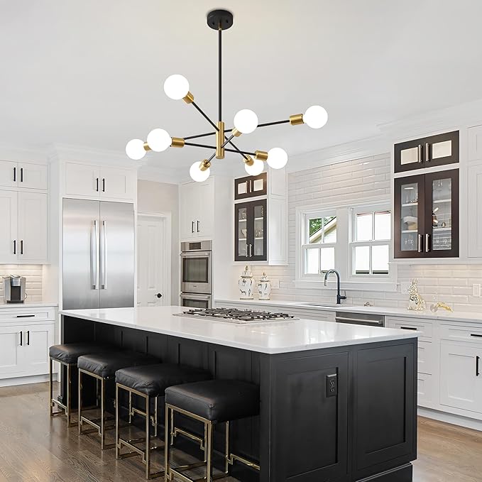 Sputnik Chandelier Mid Century Modern Industrial E26 Pendant Lighting Chandeliers Ceiling Light Fixture Black and Gold Light for Living Room,Kitchen,Bedroom,Dining Room and Farmhouse