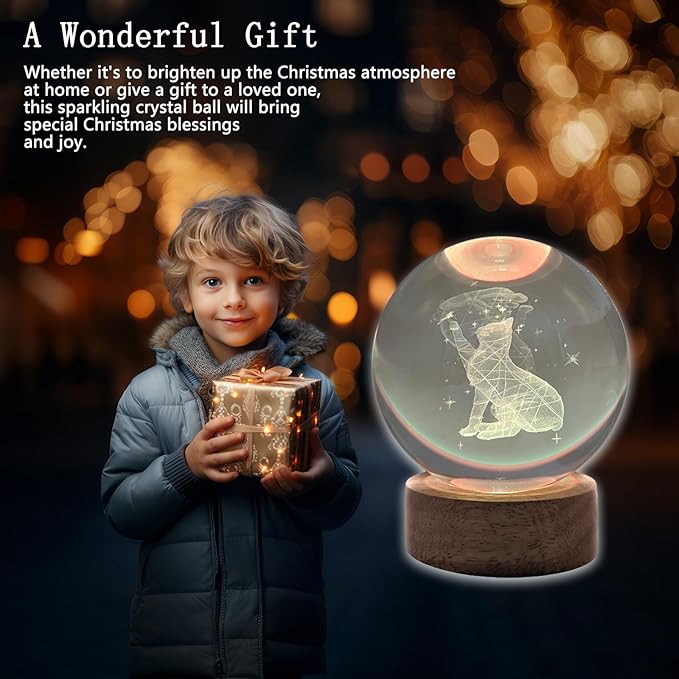 3D Cat Crystal Ball 3.15" with LED Lamp Colorful Wooden Base Night Light with Removable Glow Ball Color Changing Light with Remote as a Crystal Light for Boy Friends (6-Cat, 3.15" (Inch))