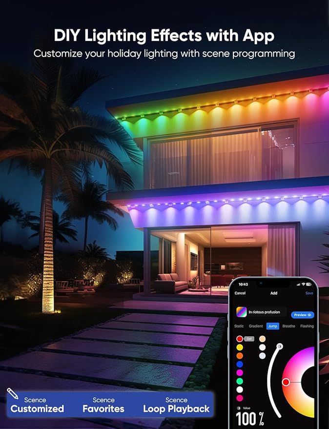 APPECK Permanent Outdoor Lights Pro 200ft, 144W RGBCW Eaves Lights with 144 LED Lights, 80lm, Cuttable, 111 Scene Modes, IP67 Waterproof Lighting for Halloween Decoration, Work with Alexa, White