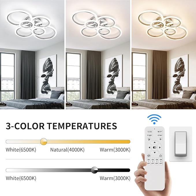 Modern LED Ceiling Light Fixture, 6 Rings Dimmable Flush Mount Ceiling Light with Remote, Acrylic Close to Ceiling Lighting Fixture for Low Ceiling Living Room Bedroom Kitchen (6 Heads)