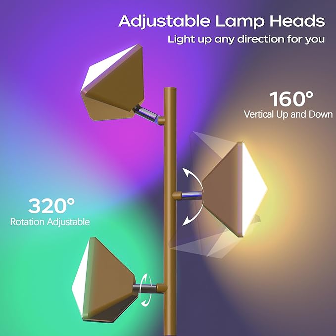 RGBCW Floor Lamp, 36W Color Changing LED Tree Floor Lamp, Stepless Dimmable Tall Standing Lamp with Remote & Touch Control, 2700K-6500K Modern Floor Lamps for Living Room, Bedroom, Gaming Room - Gold