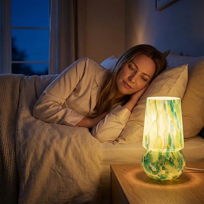 9.8 Inch Mushroom Table Lamp, UL Listed Dimmable Small Desk & Bedside Lamp with Woven Beige Cord, Handcrafted Pattern, Murano Home Decor for Bedroom, Living Room, Entryway (Emerald Teal)
