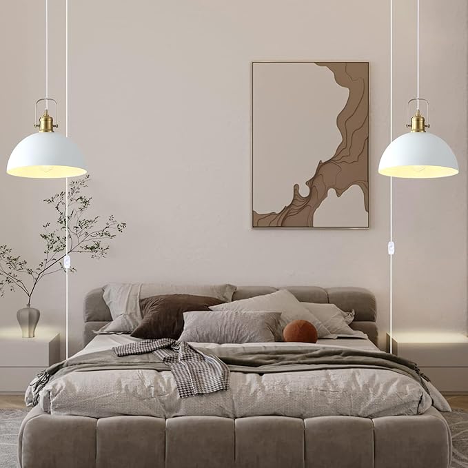 Plug in Pendant Light, Matte White and Gold Finish Haning Light with 19.68 Ft Cord, Dimming Switch, Metal Farmhouse Hanging Lamps for Living Room, Kitchen, Dining Room, Bedroom 9.84"