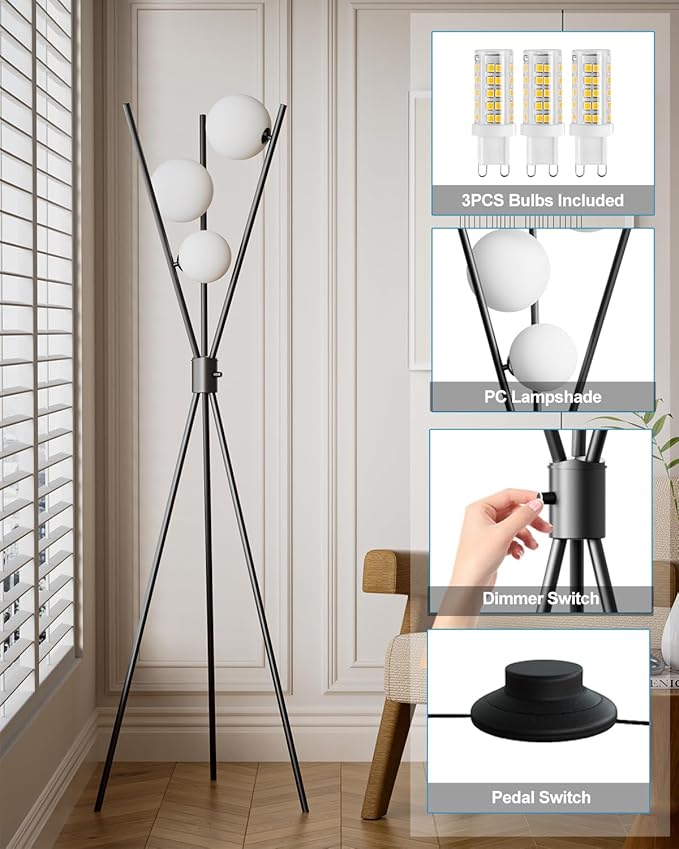 Lightdot 60IN Dimmable Black Tripod Floor Lamp, Mid Century Standing Lamps with 3 Globe Soft Warm White Eye Care 3000K Bulbs Included, Modern Tall Lamp for Living Room/Bedroom/Sofa Beside/Corner Decor