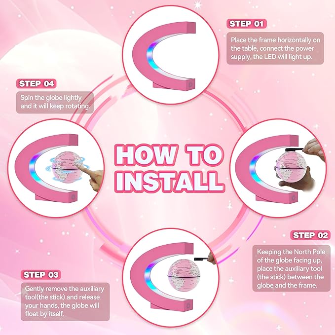 Flagest Magnetic Levitation Floating Globes with LED Lights, C Frame Floating Globe Lamp, Cool tech Gadgets for Home Office Desk Accessories, Gifts for Women, Ladies, Girls, Teachers, Colleagues(Pink)