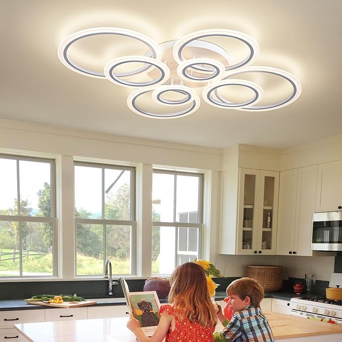 Modern LED Ceiling Light, Dimmable LED Chandelier Flush Mount Ceiling Lights, Remote Control Acrylic Ring Ceiling Lamp Fixture for Living Room Dining Room Bedroom (White, 8 Rings)
