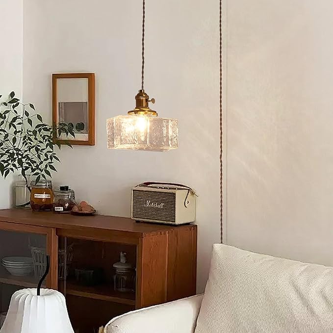 Plug in Pendant Light for Ceiling, 7.09 Inch Vintage Light Fixtures Clear Glass Lampshade Hanging Lights with Plug in Cord Two Ways Switches Industrial Pendant Lights for Bedroom Living Room
