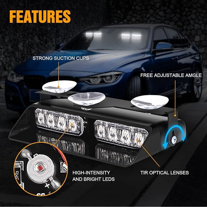 XRIDONSEN White 2 in 1 Dash Emergency Strobe Lights Front/Rear Windshield Lights Warning Safety Flashing w/Suction Cups for Volunteer Vehicles, Trucks（White