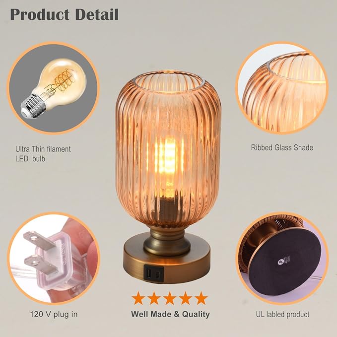 Mid Century Glass Table Lamp,Dimmable Desk Lamp,LED Bulb Included,Touch Control & USB A+C Port,Cognac Amber Ribbed Glass