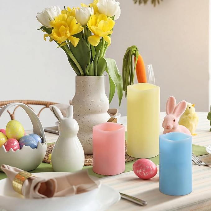 VIHOSE Pastel Flameless Candles Battery Operated Flameless Pillar Candles Real Wax Fake Candle with Remote and Timer Flickering for St. Patrick's Easter Gift Home Party