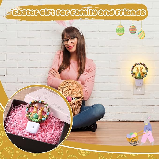 VIHOSE Easter Night Light Easter Bunny Light Decoration Plug into Wall LED Nightlight Resin Egg Wreath Flower Bunny Decorative Lamp for Spring Indoor Bedroom Room Home Nursery Rabbit Lighting Gifts