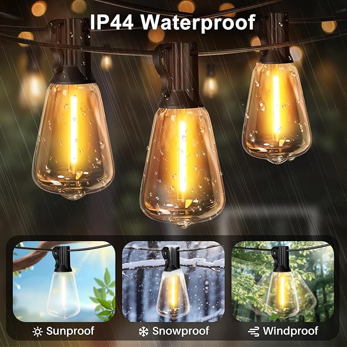 LAMPHOME LED Outdoor String Lights 100FT Patio Lights with 52 Shatterproof ST38 Vintage Edison Bulbs, Outside Hanging Light Waterproof for Porch, Deck, Garden, Backyard, Dimmable 2700K