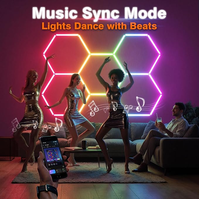 RGB Hexagon Garage Lights, Music Sync LED Hexagon Lights for Gaming Room, Smart App & Remote Control, DIY Honeycomb Ceiling Light for Studio Gym Basement Decor