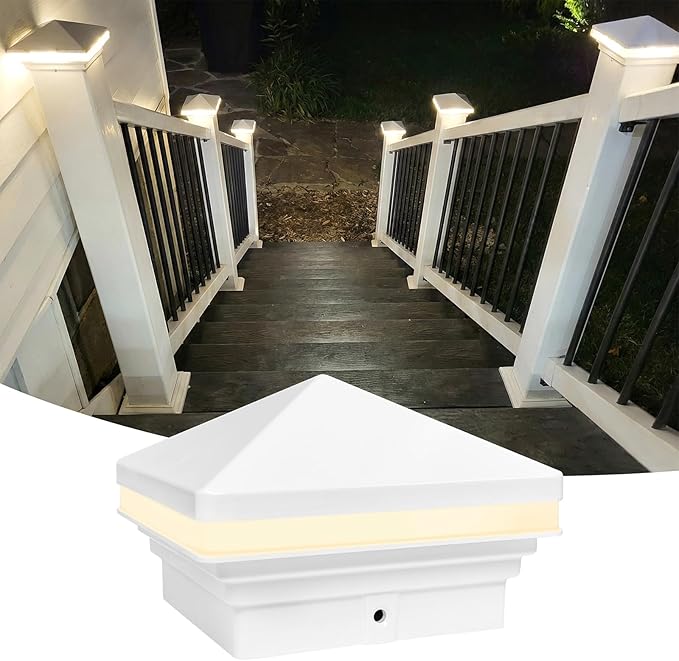 GKOLED Low Voltage Pyramid Post Cap Light, Post Caps for 4"x4" and 3.5"x3.5" Wood or Vinyl Posts, for Deck Fence, 3W 12V AC/DC 3000K, IP65 Waterproof for Outdoor, White