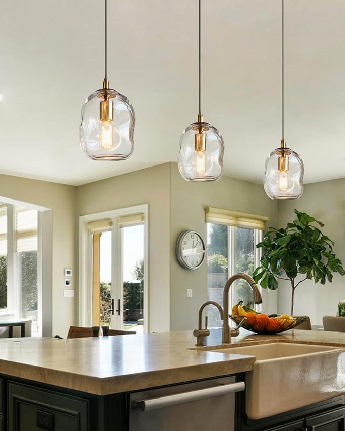 CASAMOTION Modern Glass Pendant Light Kitchen Island Gold and Clear Organic Globe Ceiling Hanging Fixtures Art Glass Industrial Design Dining Room Sink Bar Counter Porch Small Medium Lamp 8 Inch H