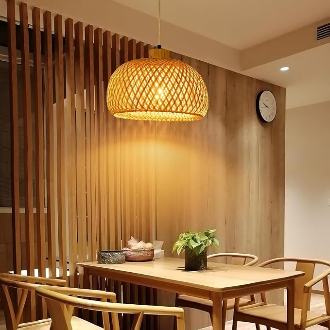 18inch Bamboo Rattan Pendant Lights, Hand-Woven Wicker Boho Hanging Ceiling Lights Fixture, Beige Pendant Lamp Rustic Farmhouse Chandelier for Kitchen Island, Dining Room, Bedroom, Living Room