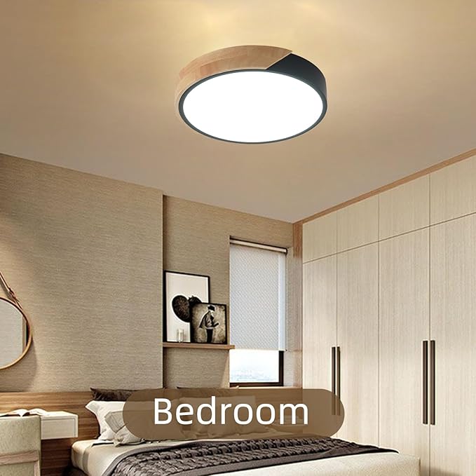 Modern LED Ceiling Light, 2 Pack Wood Flush Mount Ceiling Lights, LED Kitchen Lights Hallway Light Fixtures for Bedroom Laundry Room (Black,11.8",6000K)