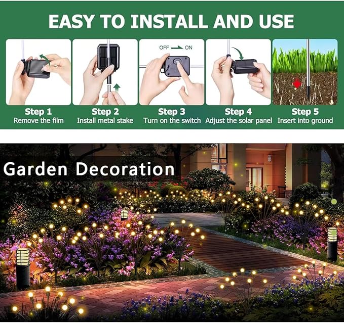 SUNYAO Solar Garden Lights, New Upgraded Solar Swaying Light, Sway by Wind, Solar Outdoor Lights, Firefly Light for Patio Decor, Big Bulb, & Heavy Bulb Base, Warm White(2 Pack)