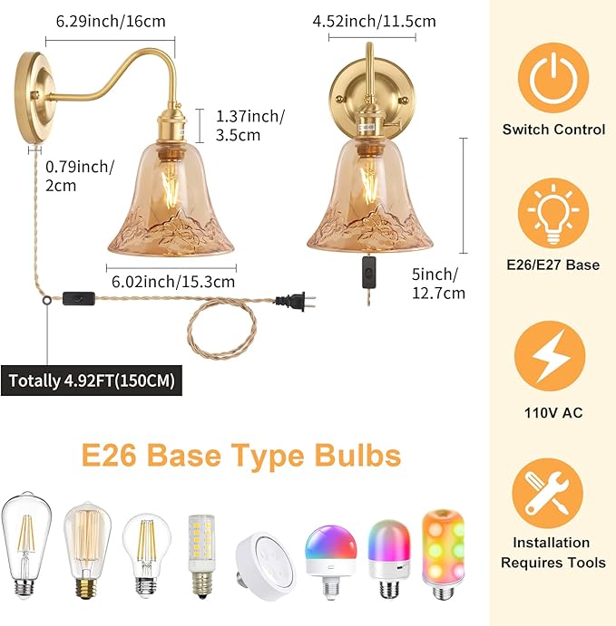Plug in Wall Sconce Set of 2, Gold Vintage Wall Decor Lights with Amber Morning Glory Glass Shade, Indoor Brass Corded Wall Lamp Fixture for Bedroom Living Room Bathroom Hallway