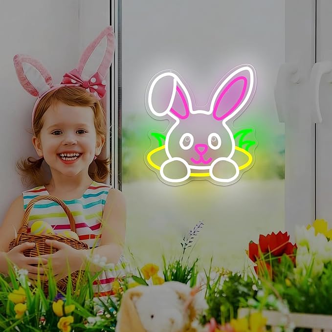 Easter Neon Sign Rabbit Hole LED Sign for Home Office Shop Dimmable Bunny Window Light Decorations Happy Easter Decor Light Up Bunny Sign for Bedroom Wall Hole Light Sign for Kids Room