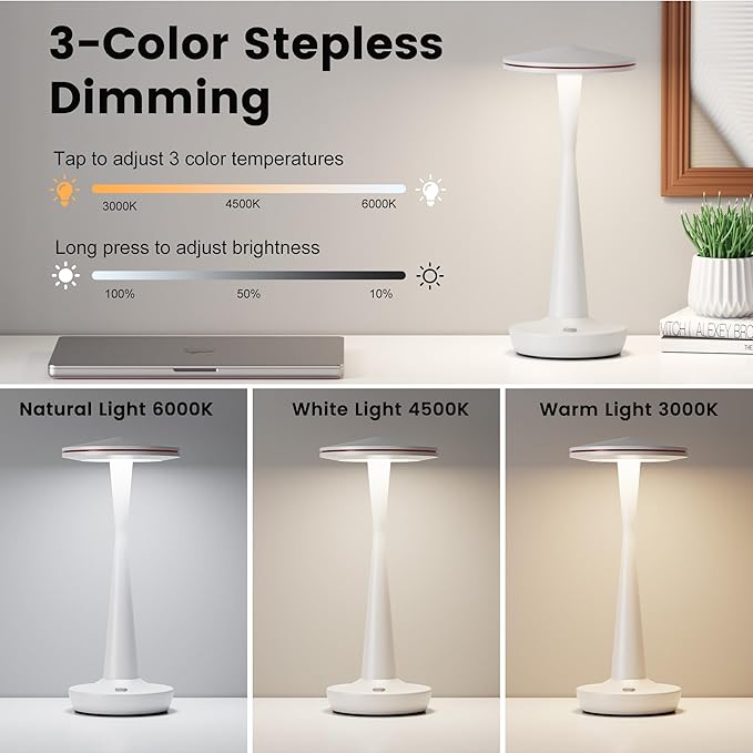 SAKRINGT Rechargeable Cordless Table Lamp, 72Hrs Battery Operated LED Table Light, Portable Touch Dimmable Lamp for Restaurant Patio Dining Outdoor Camping
