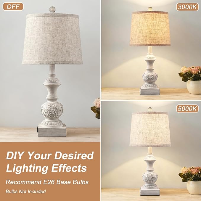 23.5" Set of 2 Farmhouse Table Lamps for Bedroom Bedside Lamp with USB A+C Ports Vintage Nightstand Lamps Antique Carved Floral Side Table Lamp for Living Room Office, White, Bulb Not Include