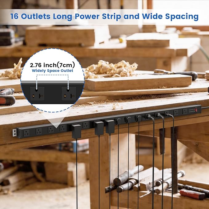 JUNNUJ Long 16 Outlet Power Strip Surge Protection 4800J, Wide Spaced Industrial Heavy Duty Outlets with 20Amp Switch, High Amp Extension Cord 6-20R T-Slot 15FT Black