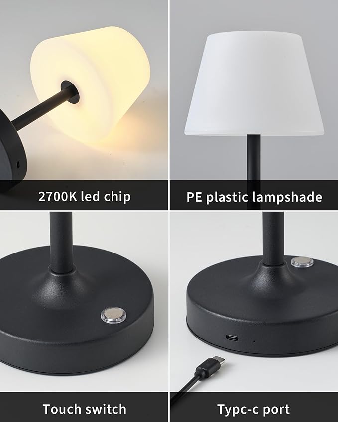 PUSU Cordless LED Black Small Table Lamp, Waterproof Shower Light with 4000mAh Battery, Portable Rechargeable Touch Dimming Night Light for Bathroom, Outdoor Camping, Kitchen, Patio, Restaurant