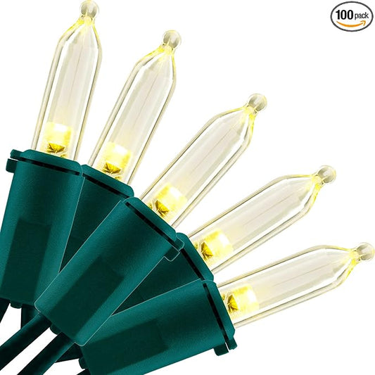 YULETIME Warm White LED Christmas Lights with Green Wire, 33 ft 100 Count UL Certified Commercial Grade Holiday String Light Set (Warm White - Green Wire)