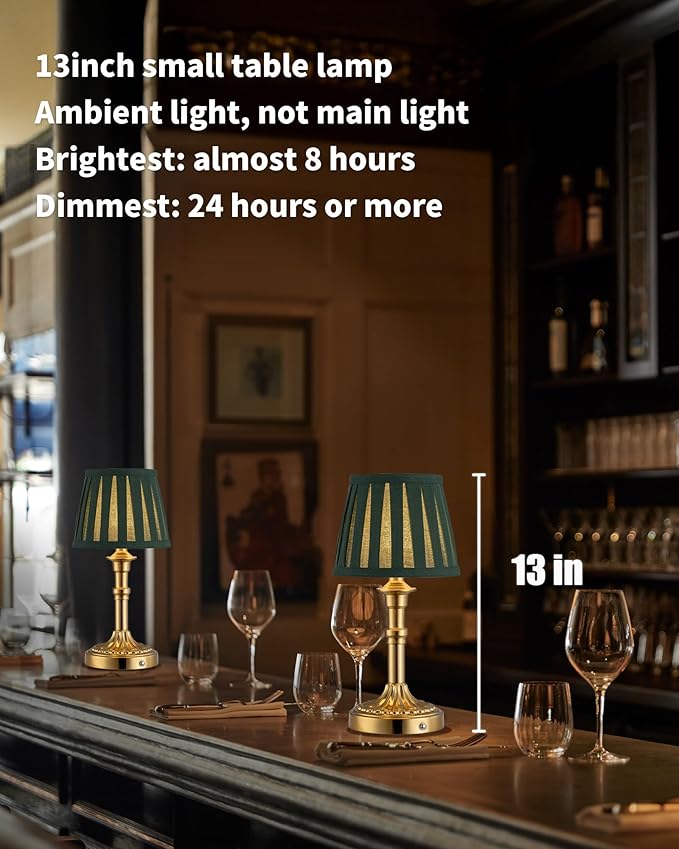 KDG Cordless Portables Table Lamp Set of 2, LED Fabric Shade Small Desk Lamps, 5000mAh Battery Powered Lighting, 2700K Stepless Dimmable Light for Living Room, Dining Room, Bedroom (Gold+Green)