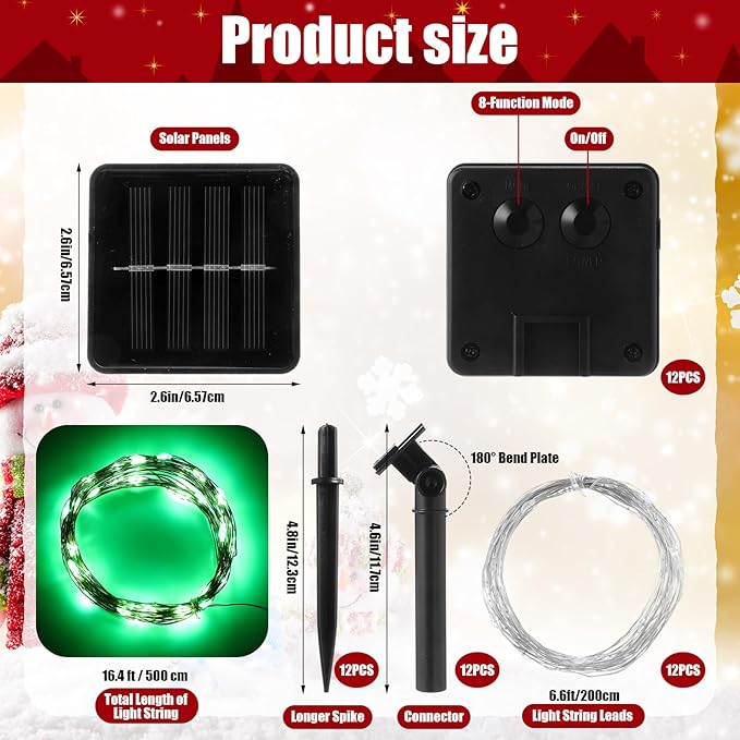 12 Pcs Solar String Lights Solar Mini Teeny Tiny Fairy Firefly Twinkle Light Waterproof 16ft 50 LEDs Garden String for Outdoor Garden Backyard Christmas Decoration(Green Light)