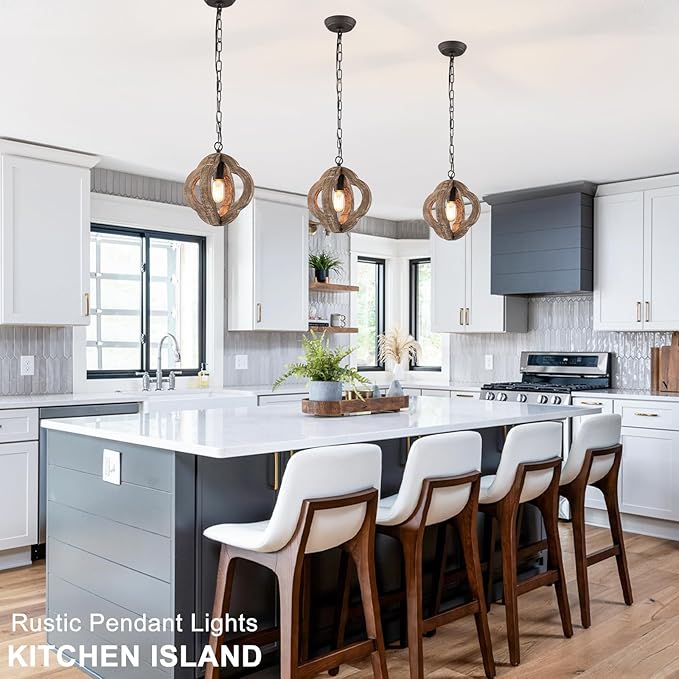 9.84" Modern Farmhouse Wood Pendant Lights Kitchen Island 1-Light Orb Distressed Oak Pendant Light Rustic Ceiling Hanging Light for Kitchen Sink Dining Room Hallway Entryway Foyer Adjustable Chain E26