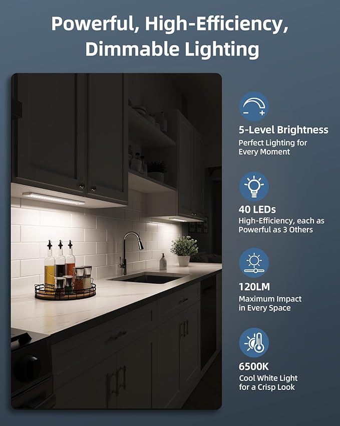 12inch Under Cabinet Lights, Motion Sensor Light Indoor 2200mAh Rechargeable Battery, Wireless, Magnetic, 5 Levels Dimmable Closet Lights, Under Counter Lights for Kitchen, Bathroom (2 Pack)