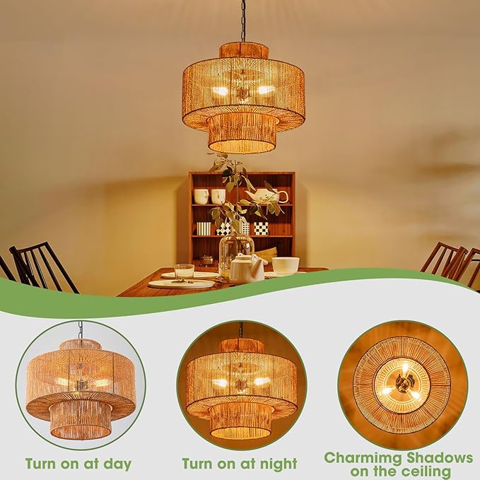 Large Rattan Pendant Light Fixture Dinning Room Chandelier Boho Hanging Light 3-light Chandelier Basket Lamp Shade Hand Woven Pendant Light for Kitchen Island Hallway Bedroom Farmhouse Living Room