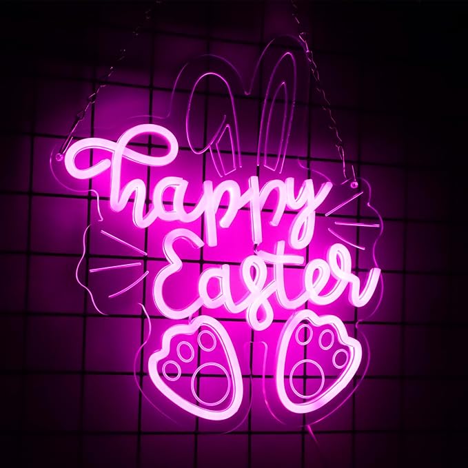 Easter Neon Sign for Wall Decor Rabbit Happy Easter LED Neon Light Window USB Powered for Wall Room Gift Party Decoration