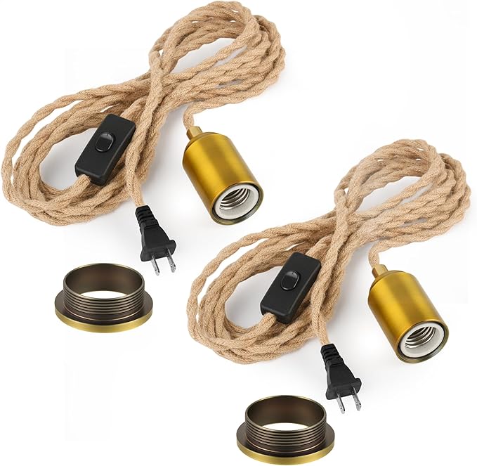 Plug in Pendant Light Cord with Switch, 15 FT Hemp Color Vintage Double Braided Woven Rope, Hanging Lights with Plug-in, E26 Socket, DIY Swag Lamp Kit for Lantern, Pendant & Hanging Fixtures, 2-Set