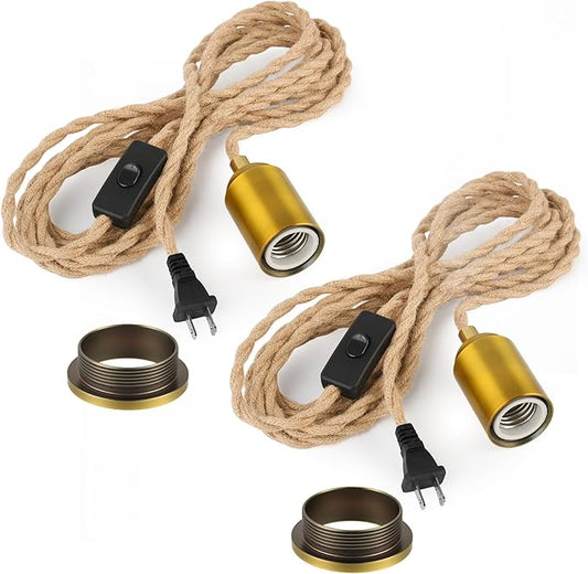 Plug in Pendant Light Cord with Switch, 15 FT Hemp Color Vintage Double Braided Woven Rope, Hanging Lights with Plug-in, E26 Socket, DIY Swag Lamp Kit for Lantern, Pendant & Hanging Fixtures, 2-Set