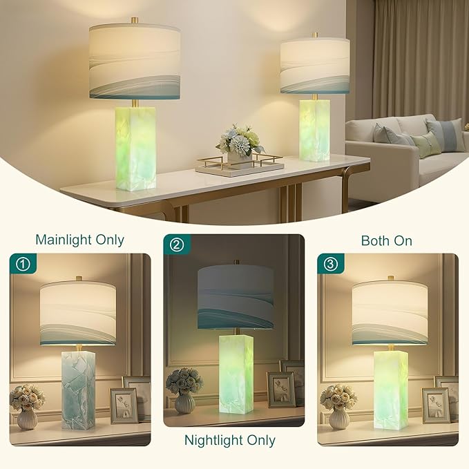 Scenekoy 23" Alabaster Table Lamp Set of 2 with Night Light for Bedroom Living Room, Rotary Switch, Blue Table Lamp with Linen Shade, Modern Nightstand Lamps for Room Bedside Bedroom (Bulb Included)