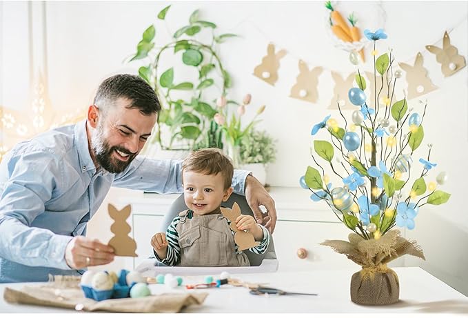 RoseCraft Easter Decorations, 18 Inch Easter Artificial Egg Tree Tabletop Decor with Delicate Ornaments, for Home Party Wedding Holiday Spring Summer Decoration, Blue/White.