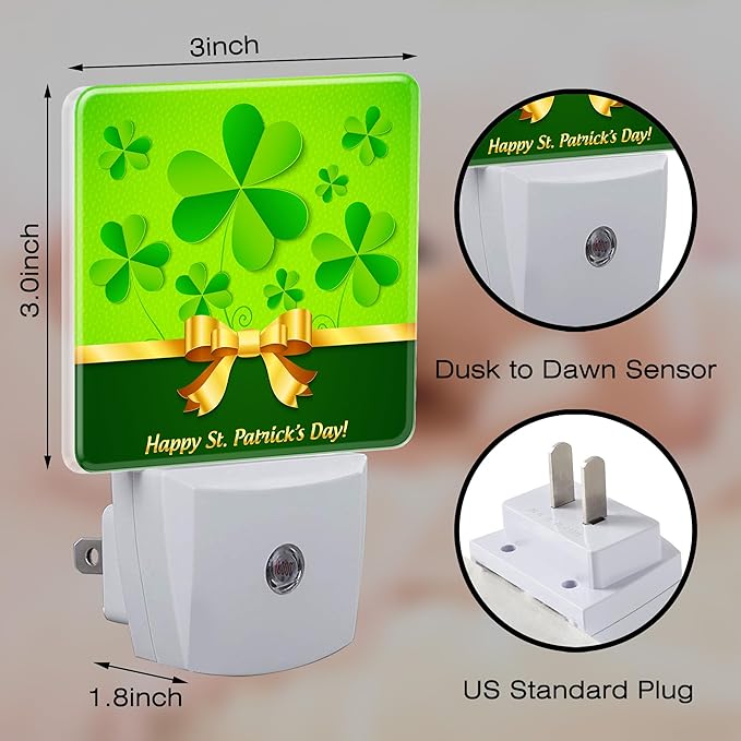 Happy St.Patrick's Day Night Light for Kids,Dusk-to-Dawn Auto Sensor Green Shamrocks Lucky Plug in Night Light,0.5W Energy Saving Non-Toxic for Bedroom/Bathroom,Ideal Gifts for Women Men