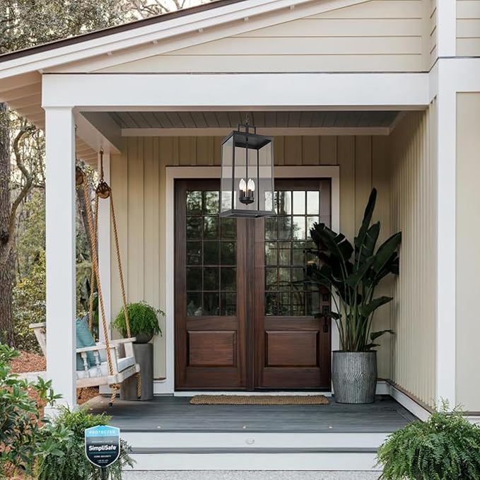 Outdoor Pendant Light, 25'' Large Hanging Lights Lantern Light, Modern Outside Chandelier with Clear Glass, Exterior Gazebo Light for Patio, Porch, Yard, Garage