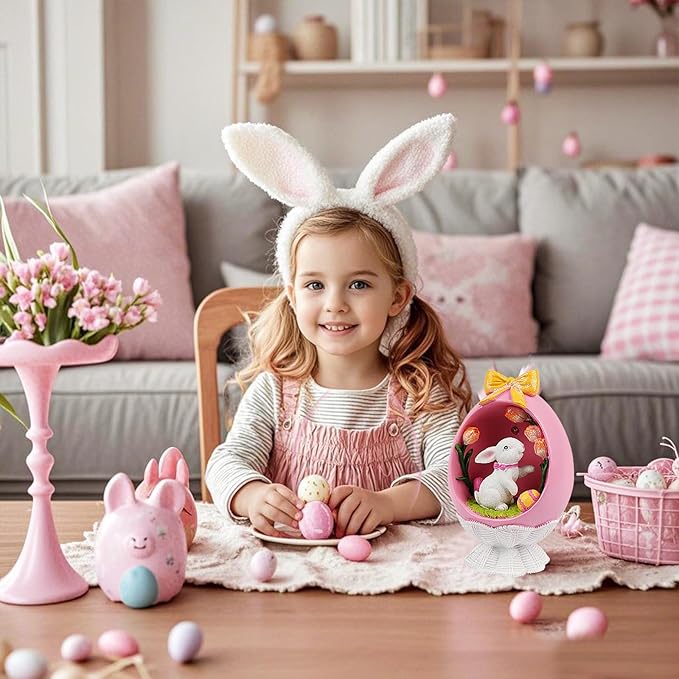 Pink Easter Bunny Figurine with LED, Resin Rabbit Figurines Easter Bunny Statue Spring Rabbit Desktop Decoration for Spring Home Room Party Decoration