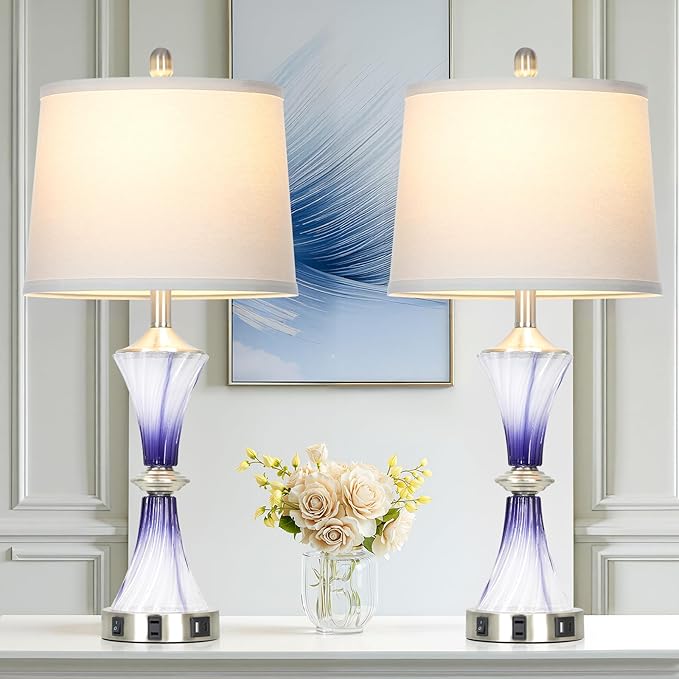 Purple Glass Table Lamp Set of 2 with USB C+A Ports & AC Outlet, Bedside Lamp, Modern Bedroom Lamps, Crystal Lamp for Night Stands Bedroom Living Room,Nightstand Lamp LED Bulbs Included