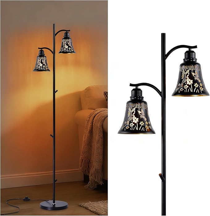 64.56" Tall Goth Farmhouse Floor Lamp,2-Light Tree Black Metal Hummingbird Lampshade Rustic Floor Lamps for Living Room,Western Standing Floor Light for Bedroom,Home,Office,Corner,Bar