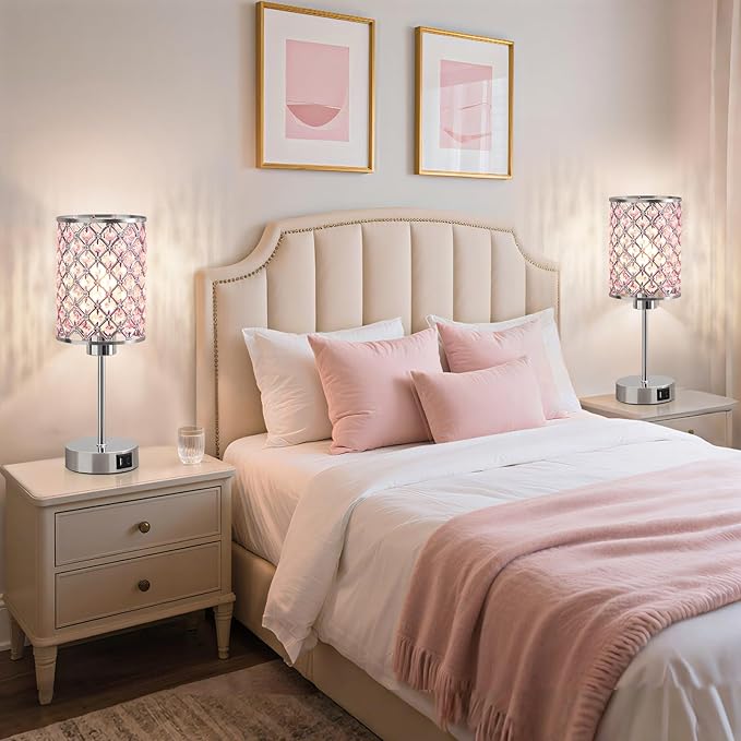 GyroVu Pink Crystal Table Lamp, Touch Control Bedside Lamps with USB-C+A Charging Ports, Dimmable Nightstand Small Desk Lamp Set of 2 for Girl Bedroom, Living Room, Office(Buld Included)