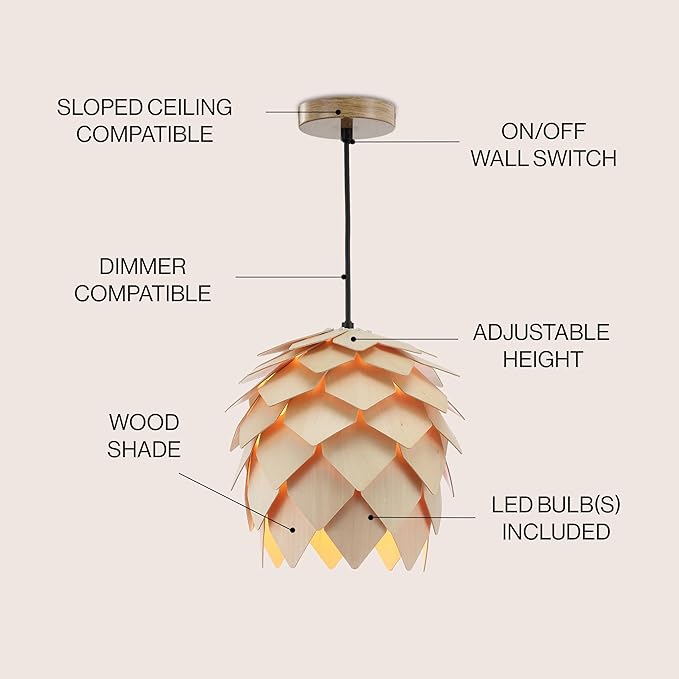 JONATHAN Y 11.75" Natural/Black 1-Light Wood Pendant Light, Organic Modern Scandinavian Artichoke Silhouette, Adjustable Height Ceiling Fixture, UL Listed, LED Bulb Included JYL6125A