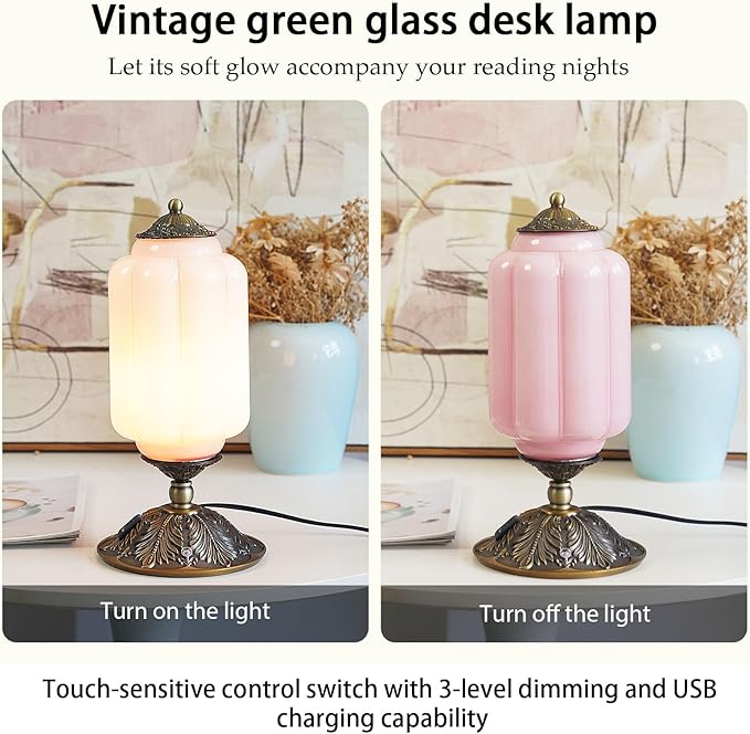 Vintage Pink Glass Touch Table Lamp, Elegant Milk Glass Bedside Desk Lamp 3 Way Dimmable with USB C+A Charging Ports - Bedroom Nightstand & Living Room Essential, 4W Bulb Included (Pink, 6.5)